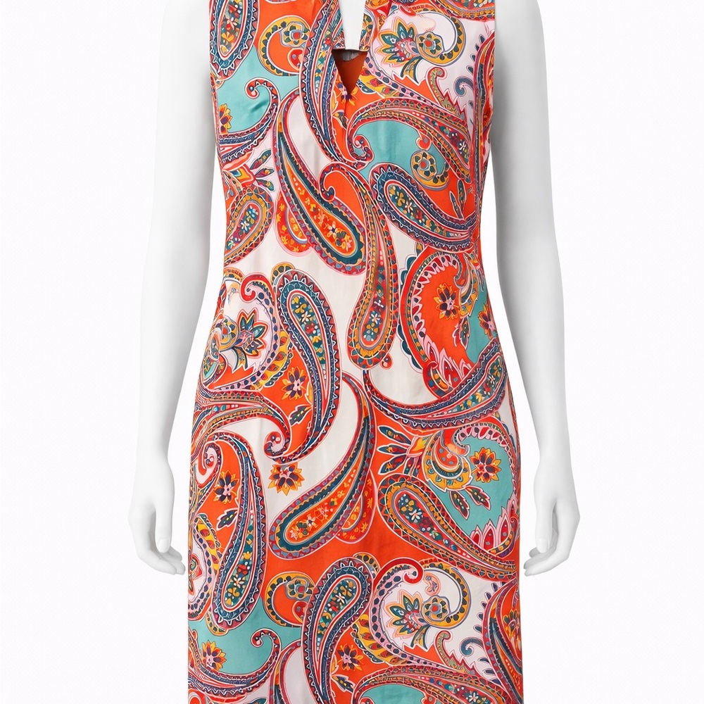Sleeveless Paisley Print Shift Dress in Orange and Teal